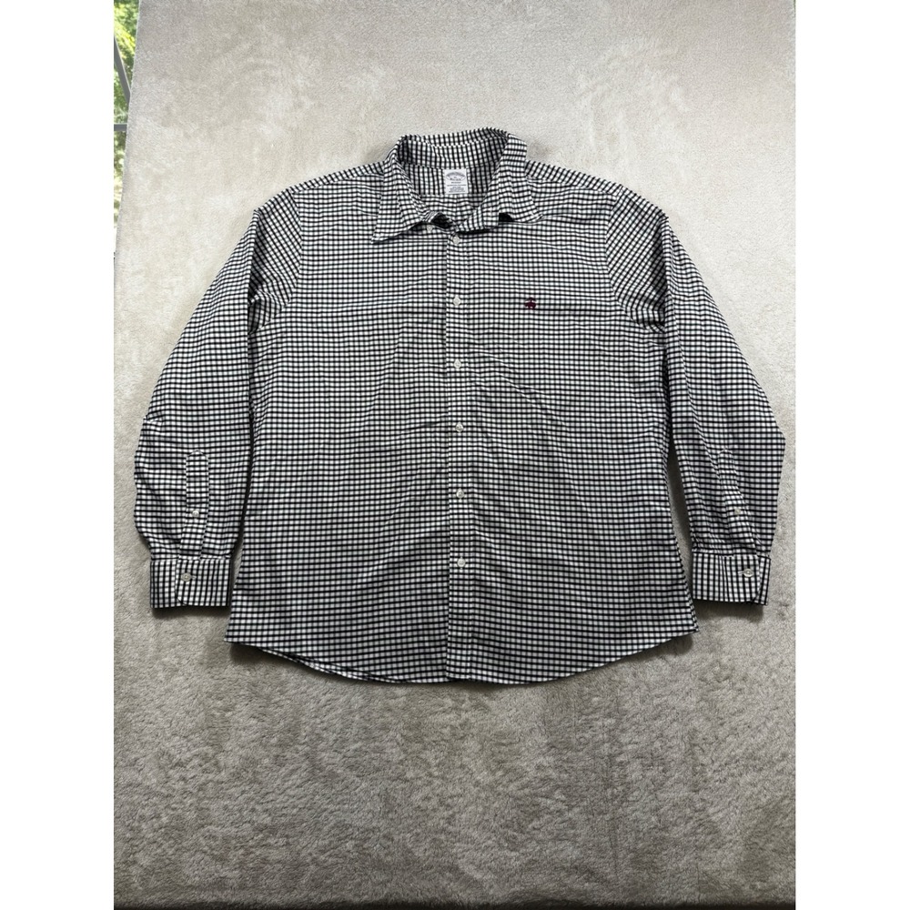 Brooks Brothers Mens Regent Logo Non-Iron Gingham Black White Button Down XL
